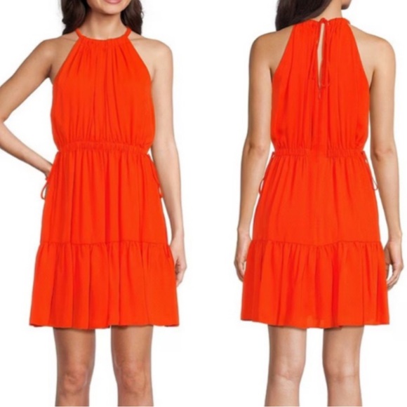 NWT Alex Marie Posey Orange Sleeveless Halter Neck Dobby Tie Mini Dress - 16 - Picture 1 of 15